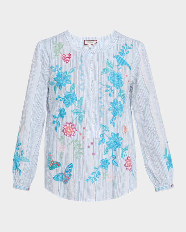 Field Striped Floral-Embroidered Henley Blous